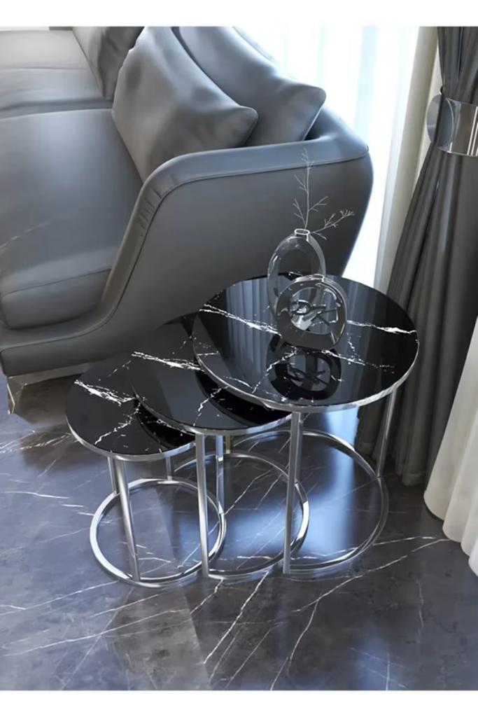 Black Handmade Round Nest Of Tables - Side Table Living Room - Marble Glass coffee table