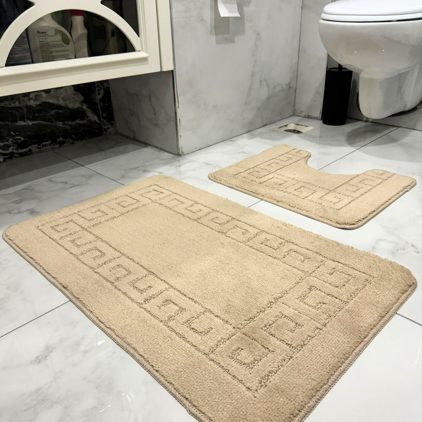 Ambience Products Bath and Toilet Mat Set New Greek Rug Non-slip Style 2 Piece Bath Mats for Bathroom Carpet (Aqua)